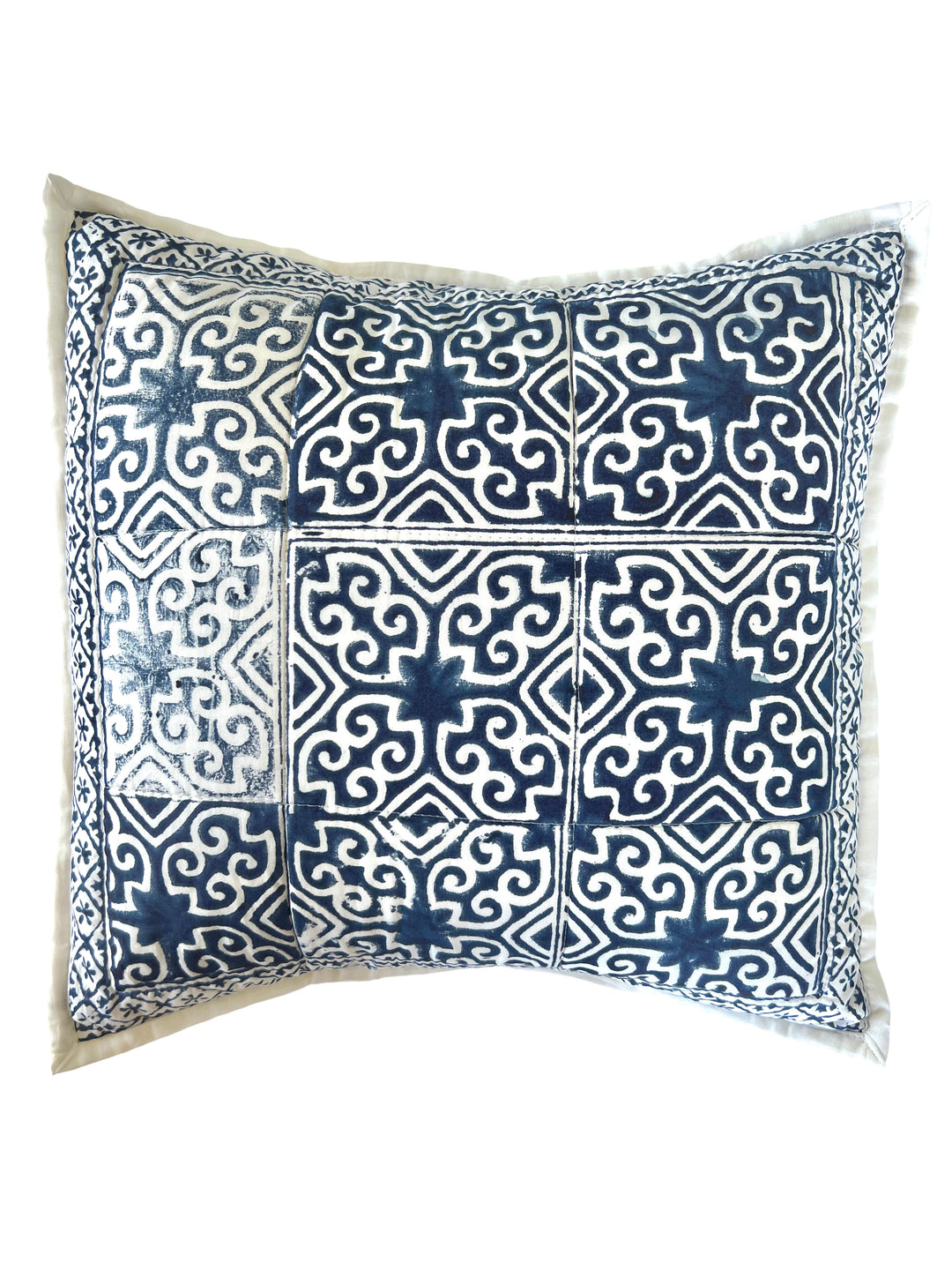 Indigo Tile - 16" square quilted pillow cover