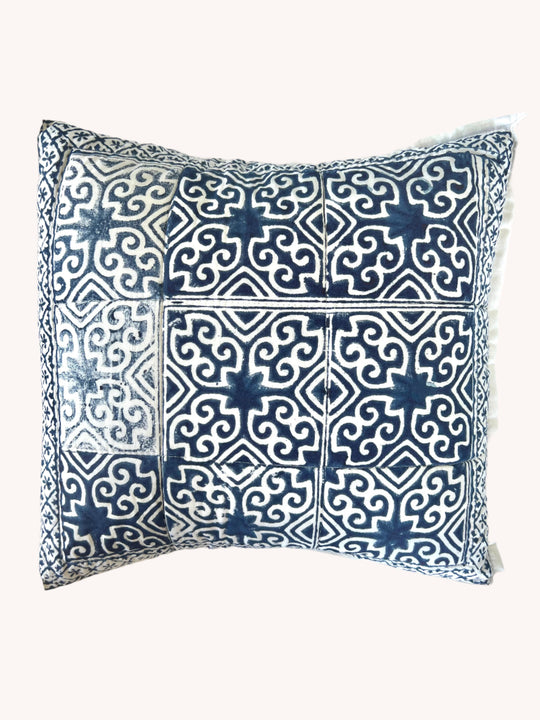Indigo Tile - 16" square quilted pillow cover