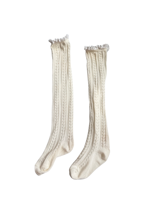 Vintage Lace-Top Knit Knee Socks – Cream