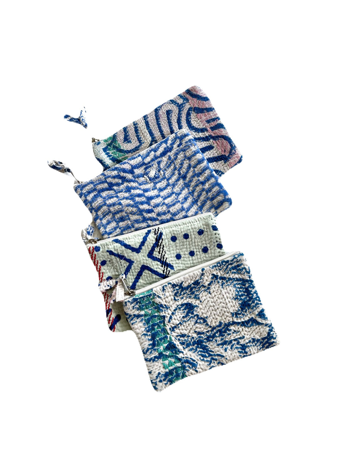 four mini kantha pouches together