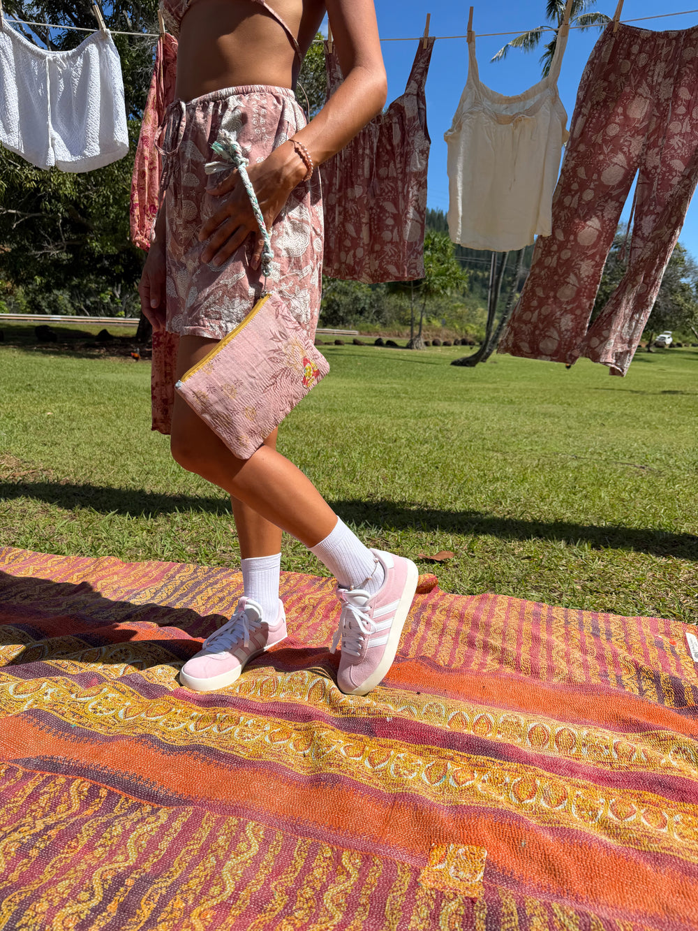 White Crew Socks with Green Stripe