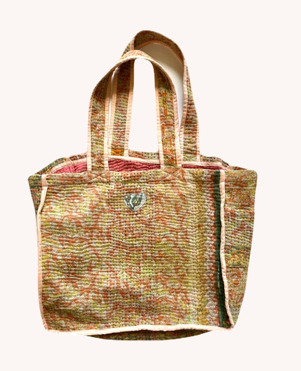 MARKET TOTE - Japanese store style Quilted Tote, Orange/Green Batik Paisley, machine washable. Size: LARGE