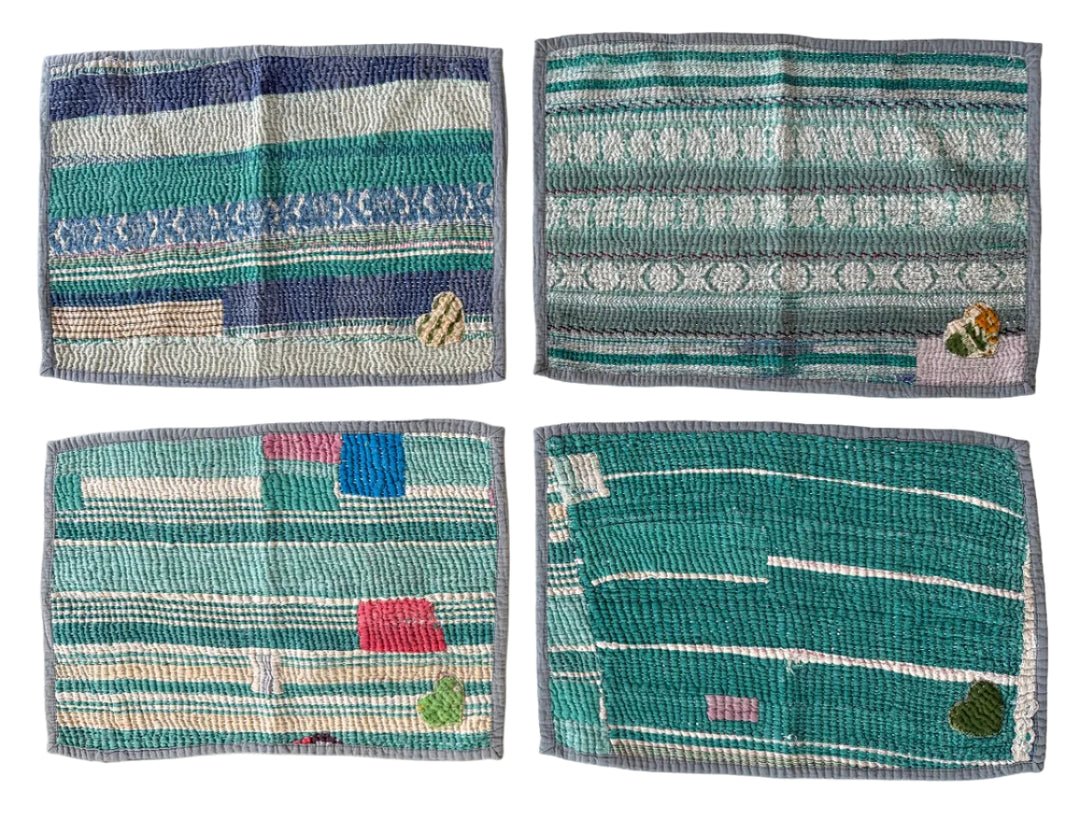 Four woven coasters with geometric patterns on a white background